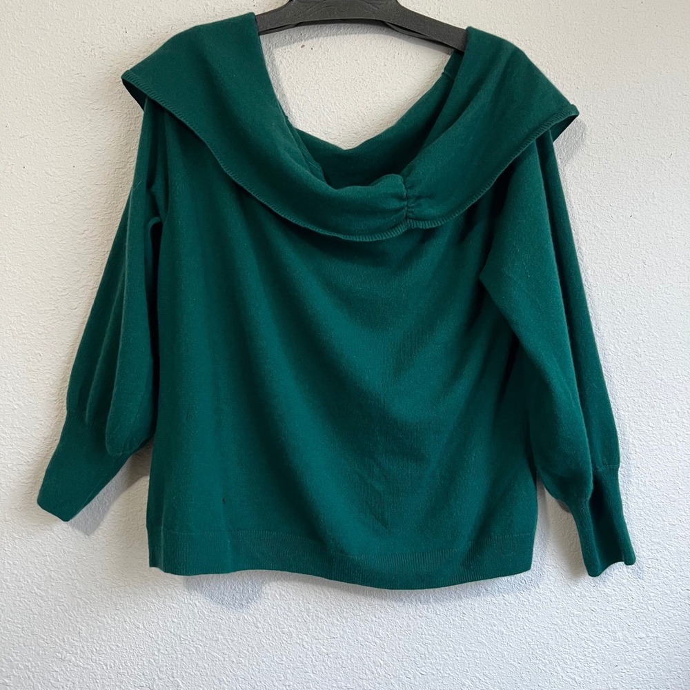 100% Cashmere Off Shoulder Portrait Collar Sweater Emerald Green XL